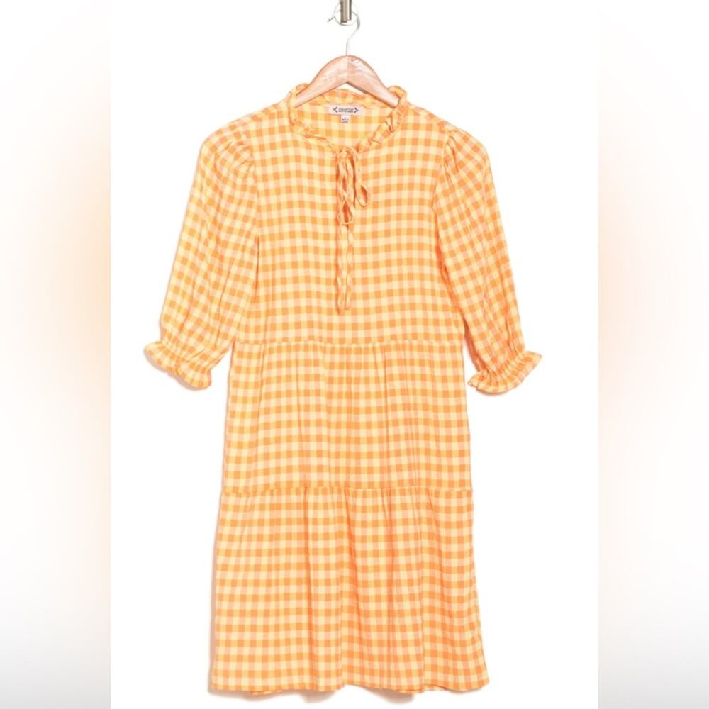 Nanette Lepore Gingham Tie Neck Keyhole 3/4 Sleeve Dress Cottage mini tiered 🌻